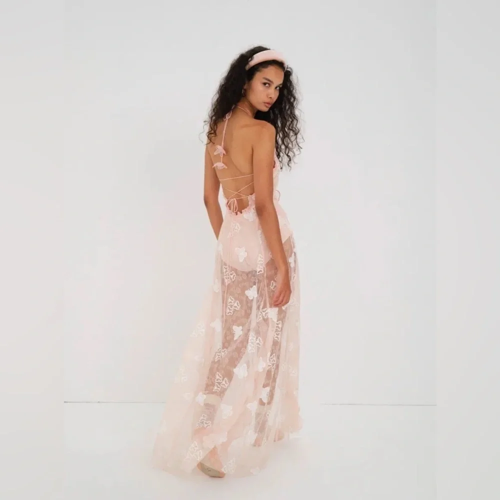 New! For Love & Lemons Beckett Lace Sheer Butterfly Sequin Bodysuit Maxi Dress M - Picture 4 of 16